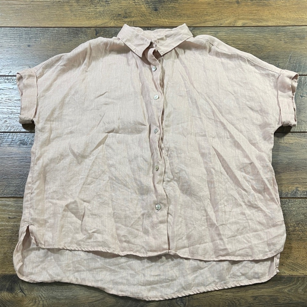 Tahari Womens Medium Pink 100% Organic Linen Short Sleeve Button Down Shirt